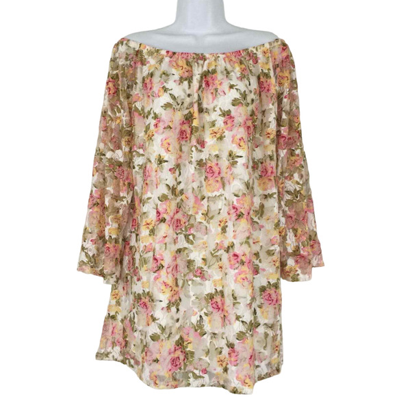 Dainty Hooligan Off Shoulder Tunic Dress Size S Roses Floral Lace Overlay Lined - Picture 1 of 13